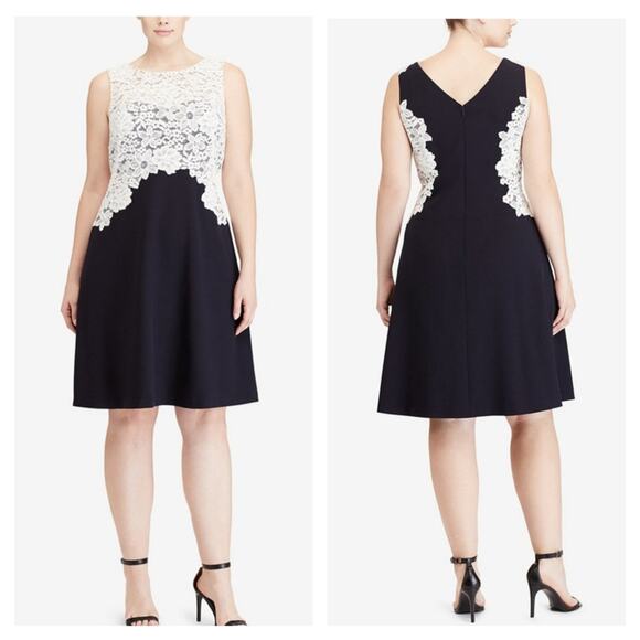 Lauren Ralph Lauren Plus Size Lace-Bodice Crepe Dress Navy Ivory 14W - Picture 1 of 6